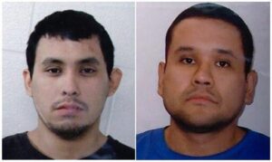 ARCHIVO - Combinación de imágenes en la que aparecen los sospechosos Damien Sanderson, a la izquierda, y su hermano Myles Sanderson, mostrada durante una conferencia de prensa de la Real Policía Montada de Canadá en Regina, Canadá, el domingo 4 de septiembre de 2022. (Real Policía Montada de Canadá vía AP) (THE ASSOCIATED PRESS)