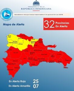 COE eleva a 25 provincias en alerta roja por tormenta Franklin