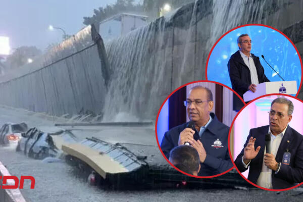 Collage sobre colapso muro desnivel 27 de febrero, presidente Abinader, geólogo Osiris de León y ministro de Obras Públicas, Deligne Ascención. Foto: CDN Digital.
