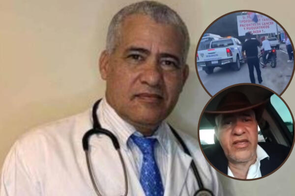 Este es el doctor Wazar Gómez y momentos en el que sostenía el cartel en Ocoa. Foto: CDN digital. 