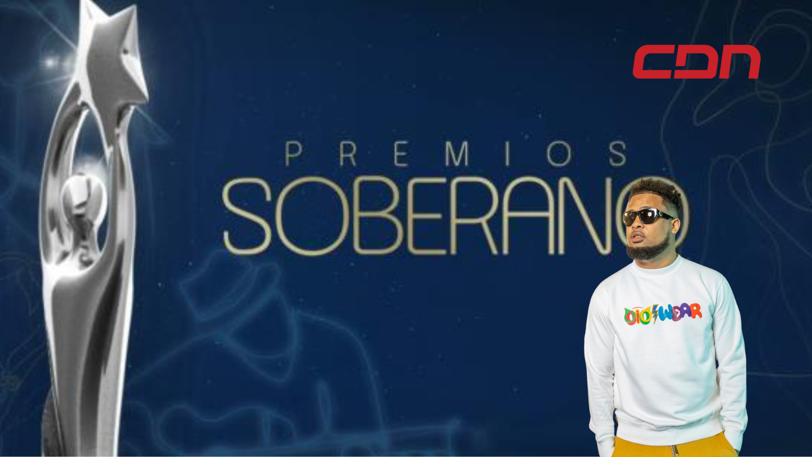 Artista urbano Lápiz Conciente y el logo de Premios Soberano. Foto: fuente CDN Digital.