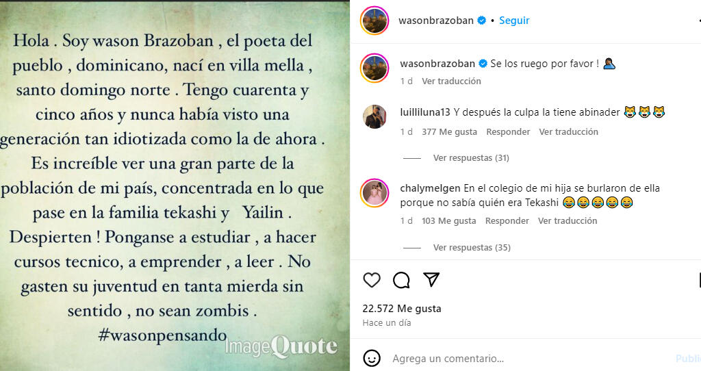 Wason Brazoban arremete contra Yailin y Tekashi por esta razón