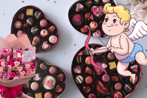 Chocolate, flores y Cupido. Foto: CDN Digital