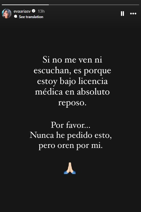 Eva Arias pide a sus seguidores que oren por ella