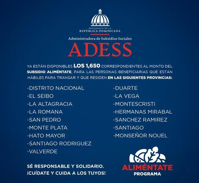 Los 1.650 pesos dominicanos comenzaron a ser entregados a través de la tarjeta Supérate desde el viernes 15 de marzo. Foto: Adess.