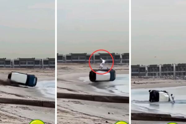 Hombre vuela por los aires tras volcar su coche en una playa