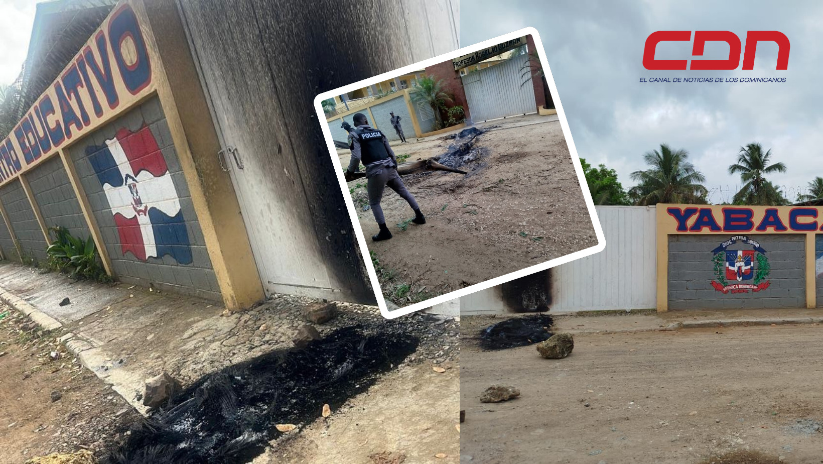 Frente de la puerta de un centro educativo incendiado presuntamente por moradores de la zona. Foto CDN Digital
