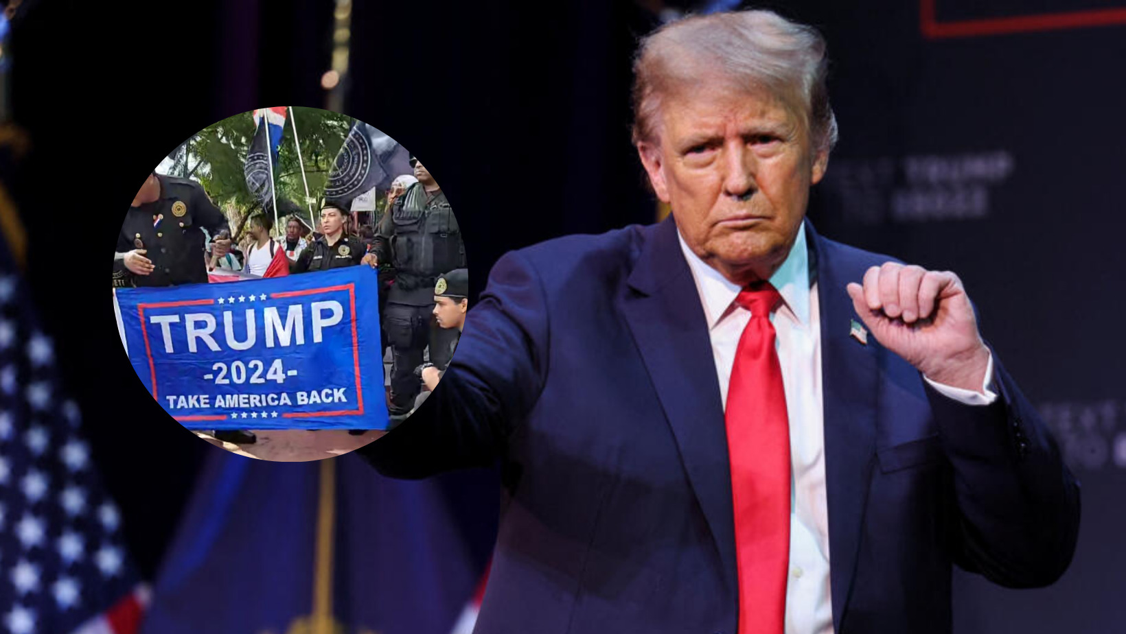 Afiches Trump en una manifestación contra la inmigración haitiana