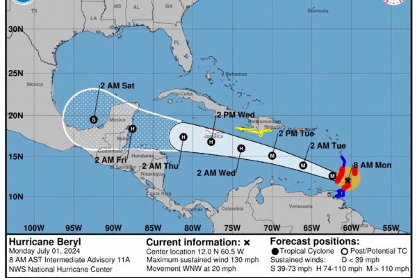 Imagen  del pronóstico de cinco días de la trayectoria del huracán Beryl en la cuenca atlántica