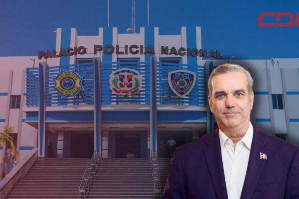 Presidente de la República Dominicana, Luis Abinader, y fachada de la Policía Nacional. Foto CDN Digital