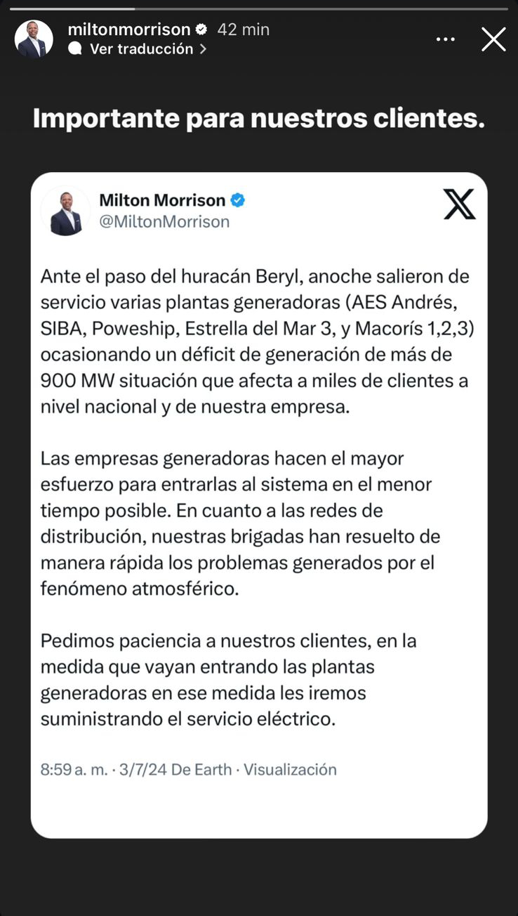 Servicio eléctrico se restablece paulatinamente tras paso de Beryl