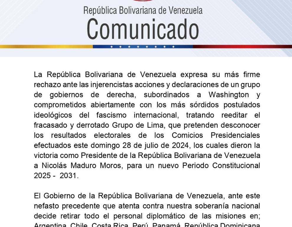 Venezuela anuncia retiro de su personal diplomático en RD