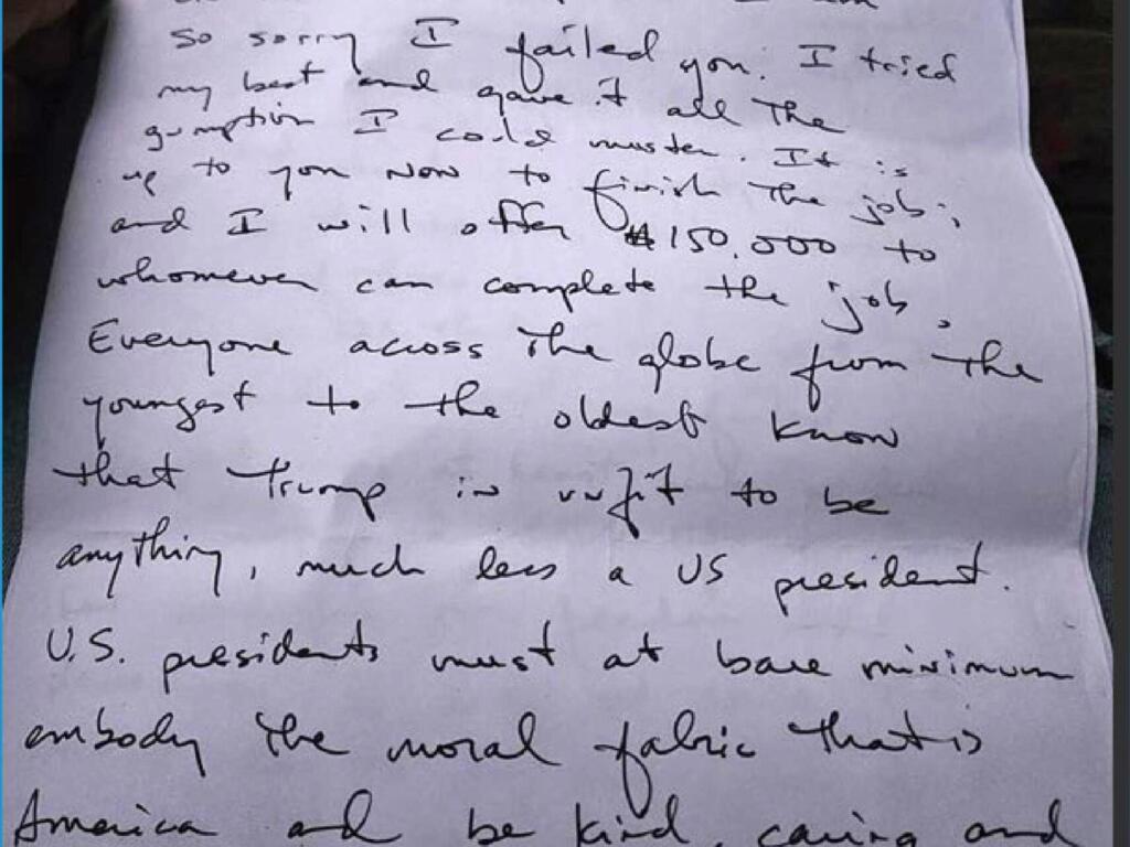 Fotografía cedida por el Tribunal de Distrito del Sur de Florida donde se muestra la carta en la que Ryan Routh, el sospechoso de intentar matar al expresidente Donald Trump, cuenta sus planes.