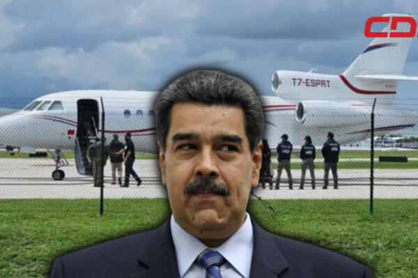 Presidente de Venezuela, Nicolás Maduro, con foto del avión incautado en RD