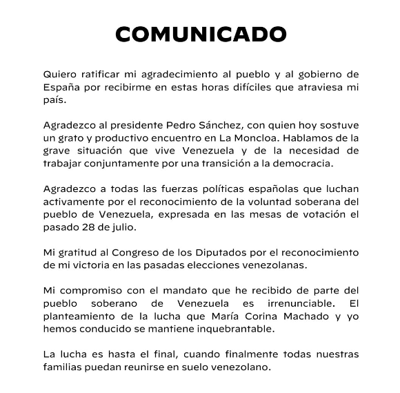 Comunicado oficial del Edmundo González este jueves 12 de septiembre en X.