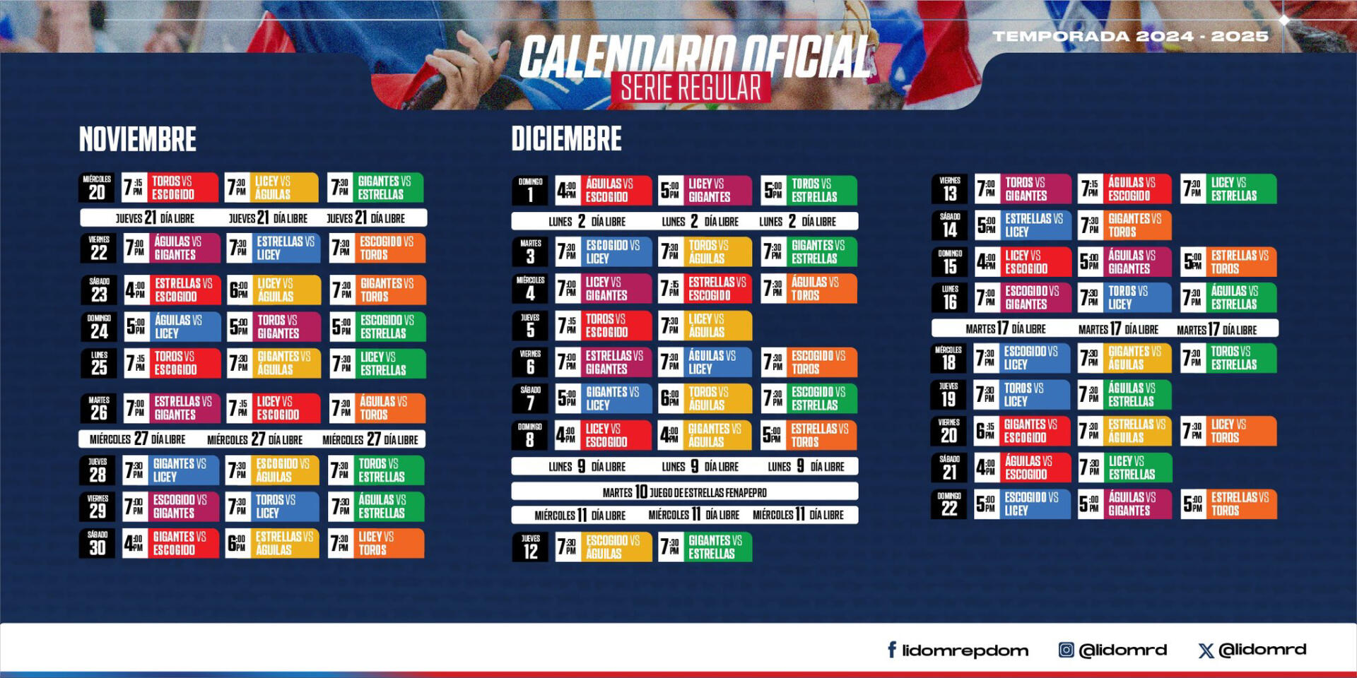 LIDOM 20242025 Calendario completo de la pelota invernal