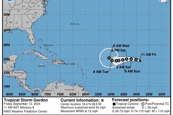 El pronóstico de cinco días de la trayectoria de la tormenta tropical Gordon en el Atlántico (EE. UU). varios días. EFE.