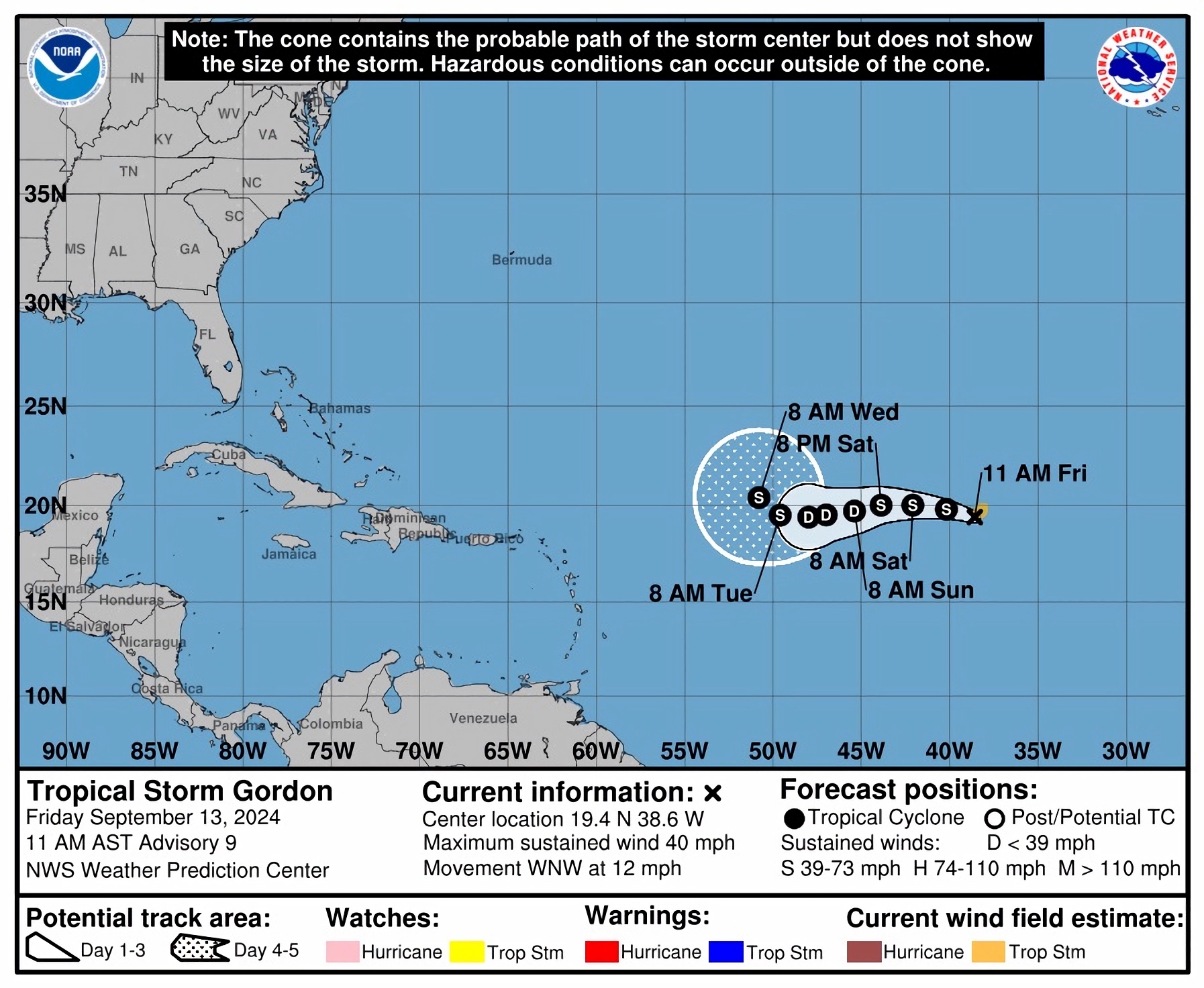 El pronóstico de cinco días de la trayectoria de la tormenta tropical Gordon en el Atlántico (EE. UU). varios días. EFE.