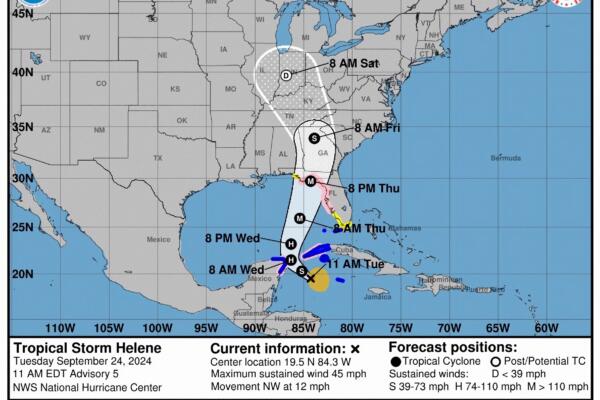 pronóstico de cinco días de la trayectoria de la tormenta tropical Helene por el Atlántico hacia el Golfo de México.EFE. 