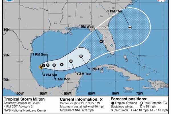 Pronóstico de cinco días del paso de la tormenta tropical Milton en el Golfo de México. EFE