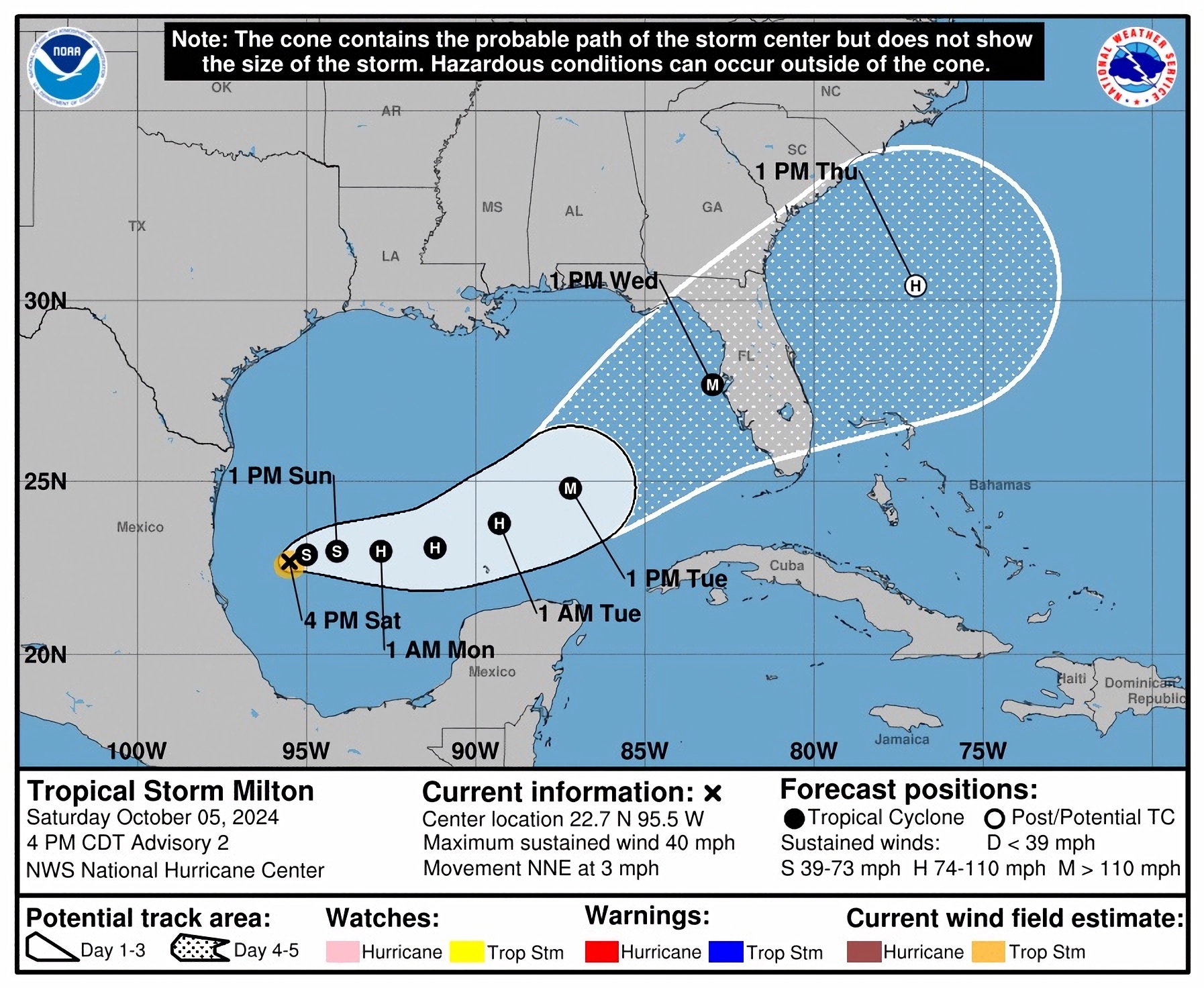 Pronóstico de cinco días del paso de la tormenta tropical Milton en el Golfo de México. EFE