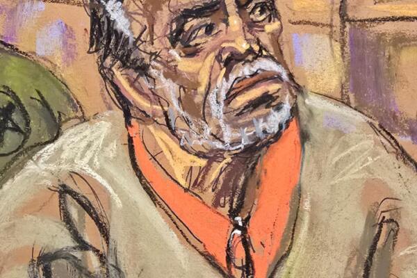 Fotografía de un dibujo realizado por la artista Jane Rosenberg del narcotraficante mexicano Ismael 'el Mayo' Zambada durante el juicio realizado en el Tribunal Federal de Brooklyn este viernes 