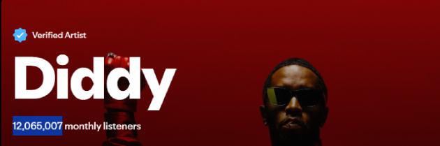 Al día de hoy (6 de octubre), el perfil de Puff Daddy en Spotify indica que recibe 12.065.007 escuchas mensuales.