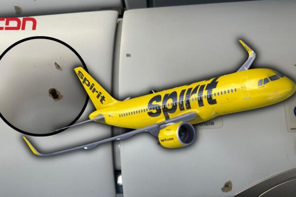 Avión de la aerolínea Spirit Airlines con impactos de balas. 