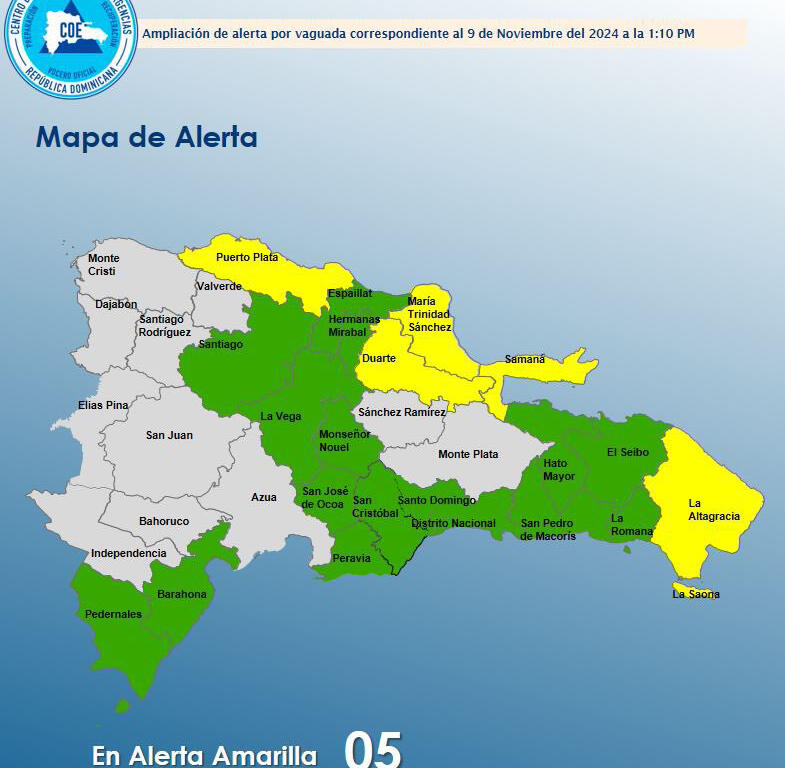 COE mantiene cinco provincias en alerta amarilla y 16 en verde