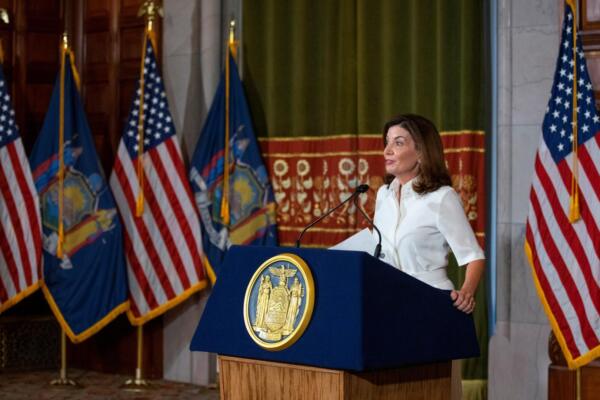 New York Governor Kathy Hochul speaks to the media after taking part in a swearing-in ceremony to become New York State's 57th and first woman governor, in the Red Room at the New York State Capitol, in Albany, New York, U.S., August 24, 2021. REUTERS/Eduardo Munoz