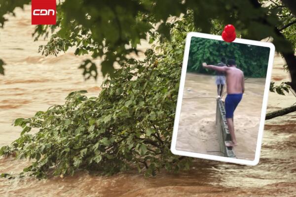 Varios jóvenes se lanzaron al río Duey en Higüey, a pesar de que había aumentado su caudal debido a las fuertes lluvias.
