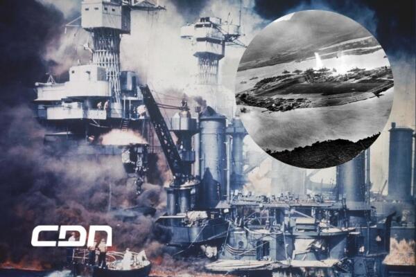 Imagen de Pearl Harbor capturada desde un avión japonés al inicio del ataque.