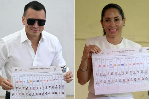 (COMBO) This combination of pictures created on February 9, 2025, shows
Ecuador's President and presidential candidate for the Accion Democratica Nacional party (National Democratic Action), Daniel Noboa (L), showing his ballot after voting at a polling station in Olon, Santa Elena province, Ecuador, on February 9, 2025, and
Ecuador's presidential candidate for the Movimiento Revolución Ciudadana party (Citizen Revolution Movement), Luisa Gonzalez, showing her ballot after voting at a polling station in Canuto, Ecuador, on February 9, 2025, during the presidential election.. Some 14 million Ecuadorans began voting Sunday to decide who will lead the violence-wracked Andean nation through its worst crisis in half a century. (Photo by Marvin RECINOS and Rodrigo BUENDIA / AFP)