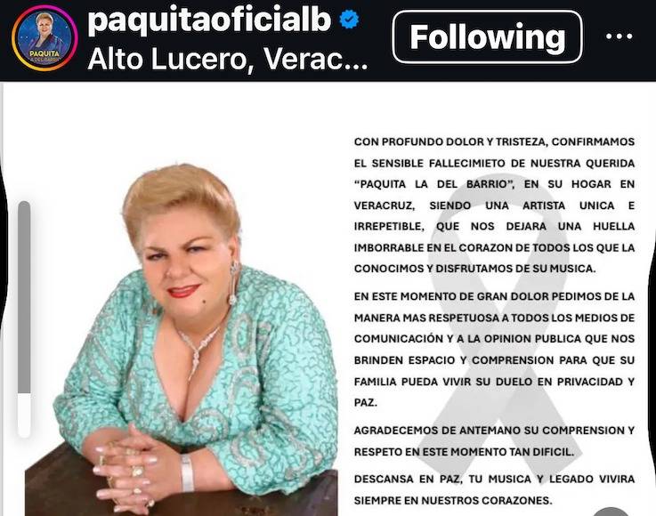 ¿De qué murió Paquita la del Barrio?