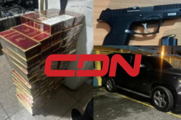 Fotografías de cigarrillos de contrabando, vehículo y  pistola incautados por la Policía Nacional