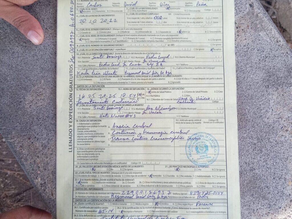Acta de defunción del niño hallado muerto en Los Alcarrizos