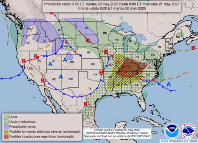 Pronóstico del tiempo correspondiente a la emisión matutina del martes, 20 de mayo de 2025, proporcionado por el National Weather Service (NWS)