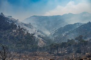 Fotografía del incendio forestal este lunes en la isla de Quíos, (Grecia). EFE/EPA/ Kostas Kourgias/Archivo