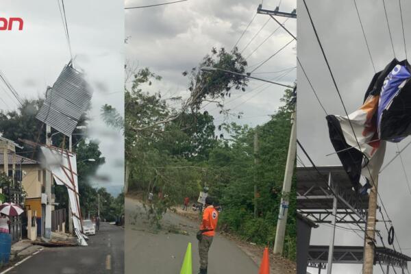 Vallas publicitarias y arboles caídos debido a fenómeno atmosférico en el Cibao. 