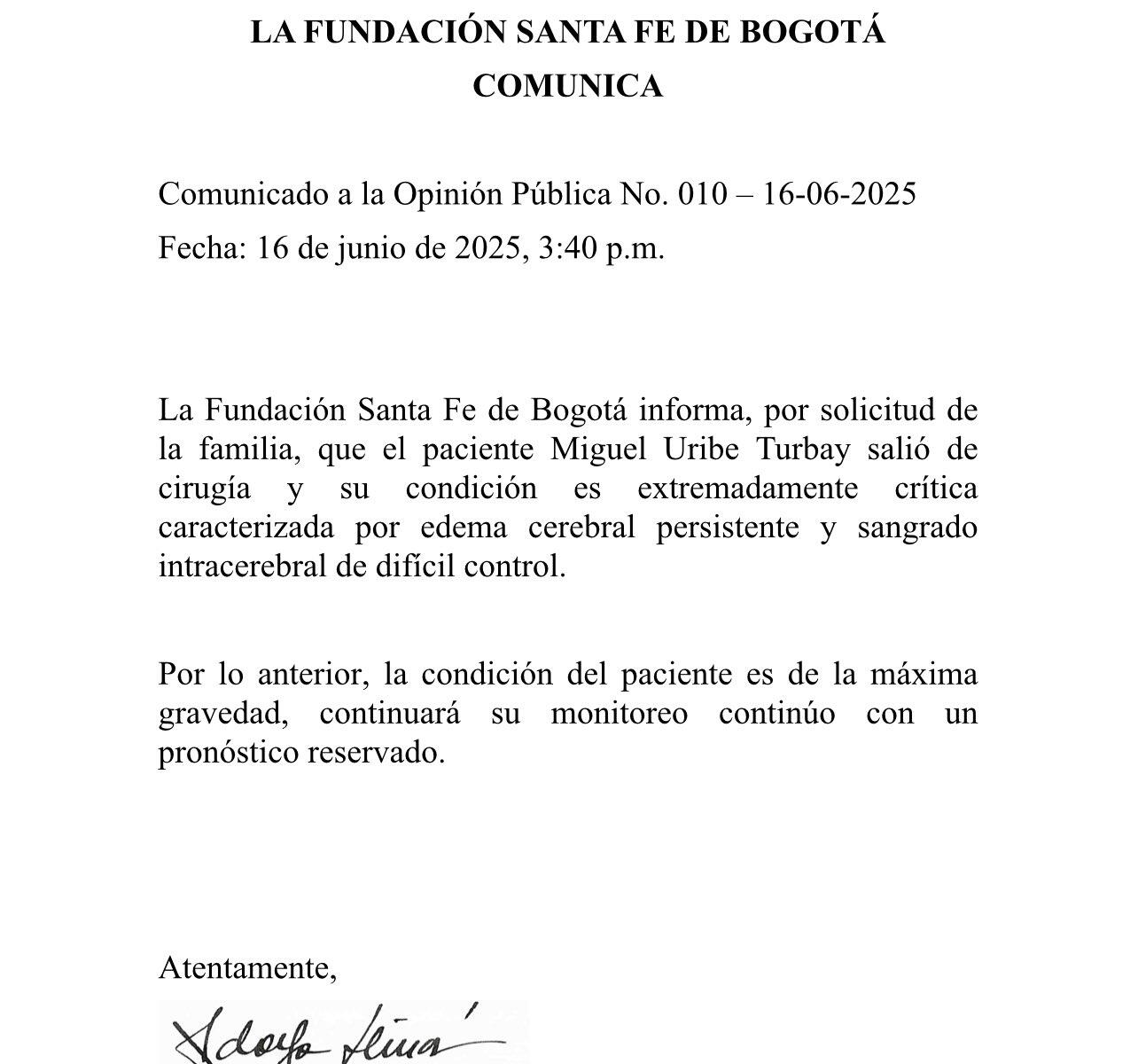 Salud de Miguel Uribe "es extremadamente crítica": nuevo parte