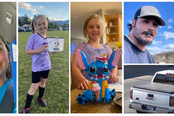 Combo de fotografías cedidas, por el Departamento de Policía de Wenatchee (WA, EE.UU.) donde aparecen Paityn Decker (i), de 9 años; Evelyn Decker (c), de 8 años; Olivia Decker, de 5 años; y su padre, Travis Decker, junto a su camioneta, donde la policía encontró los cadáveres de las tres menores. EFE
