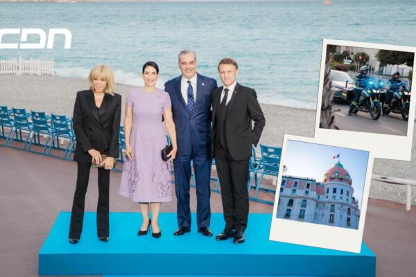 El presidente Luis Abinader y la primera dama, Raquel Arbaje, son recibidos por el mandatario Emmanuel Macron y su esposa en una cena de gala. Foto: CDN Digital