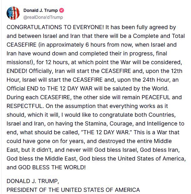 Trump anuncia cese al fuego entre Israel e Irán