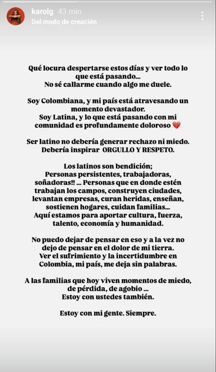 Karol G afectada por los hechos violentos en Colombia y EEUU