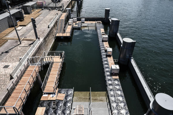 This photo taken in Paris on June 30, 2025 shows the future safe bathing area in the Seine river during a press tour of the Bercy site. (Photo by Thibaud MORITZ / AFP)