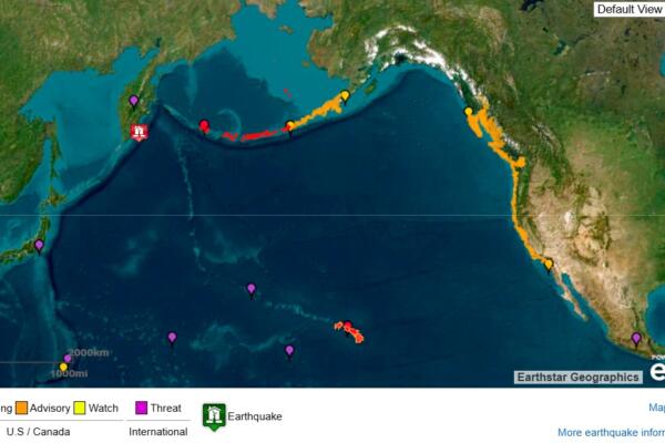 Imagen cedida por el Servicio Meteorológico Nacional (NOAA) de los Estados Unidos y su Sistema de Alerta de Tsunamis que muestra el punto origen del terremoto de magnitud 8,8 este martes, en la península rusa de Kamchatka (Rusia) y las posibles áreas de impacto de tsunami. EFE/ NOAA