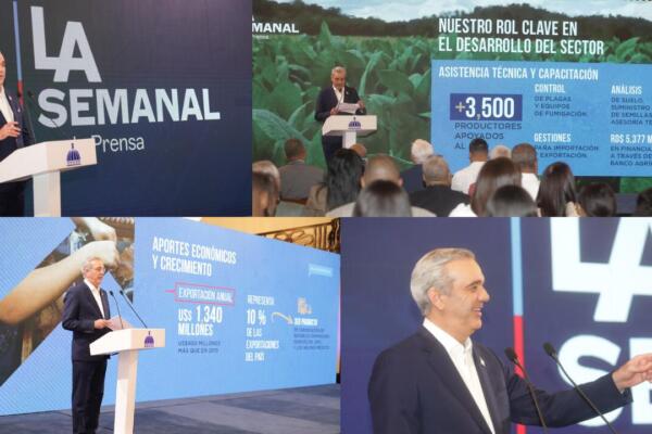 El presidente Luis Abinader destacó en LA Semanal con la Prensa que el tabaco dominicano supera los US$1,340 millones en exportaciones. Fotos: Presidencia de la República
