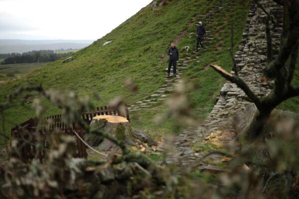 En la imagen de archivo, caminantes llegan a los restos del árbol talado en Sycamore Gap en Northumberland, Gran Bretaña. Foto: EFE