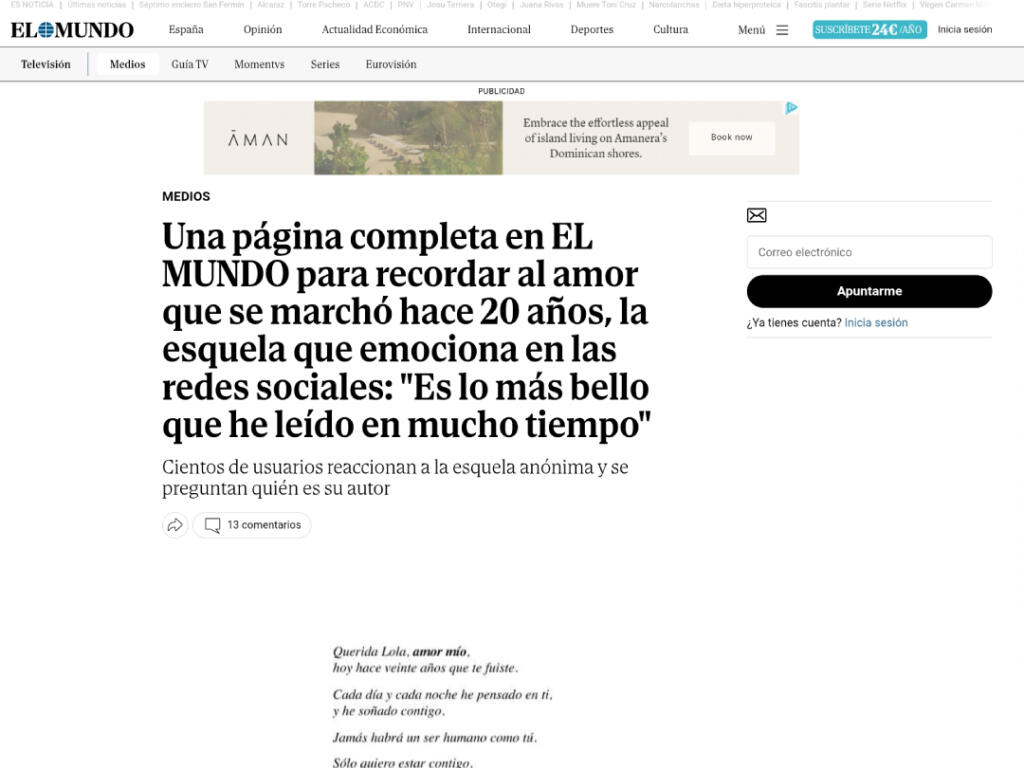 Compra una página entera de El Mundo para dedicarle una esquela