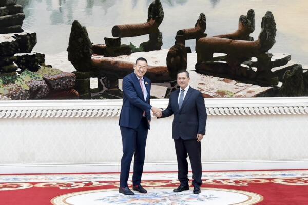 Primer ministro de Tailandia, Srettha Thavisin, recibido por su homólogo camboyano Hun Manet (28 de septiembre de 2023). Foto: Embajada de Tailandia en Camboya.